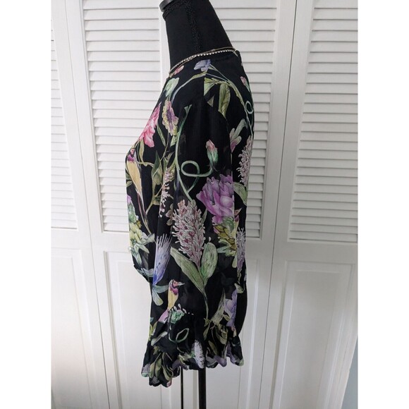 H&M Blouse Women's 6 Black Purple Green Sheer Floral Birds Top Romantic Ruffles - Picture 7 of 12